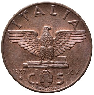 reverse: Vittorio Emanuele III (1900-1943) 5 Centesimi 1937. Cu. Gig. 285. FDC rame rosso