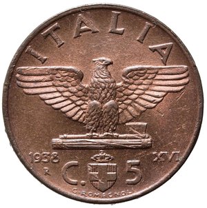 reverse: Vittorio Emanuele III (1900-1943) 5 Centesimi 1938. Cu. Gig. 286. FDC rame rosso