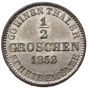 reverse: GERMANIA. Hannover. 1/2 groschen 1858. Ag (1,09 g). KM#235. qFDC