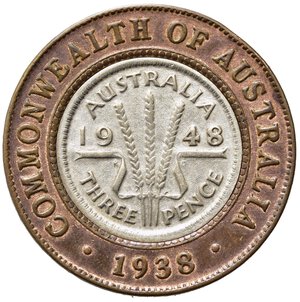 reverse: AUSTRALIA. 3 pence 1948 incastonato in 1/2 penny 1938. BB