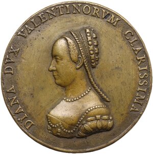 obverse: Diana di Poitiers (1499-1566),  duchessa del Valentinois e amante ufficiale del re Enrico II di Francia.. Medaglia s.d. (c. 1548)
