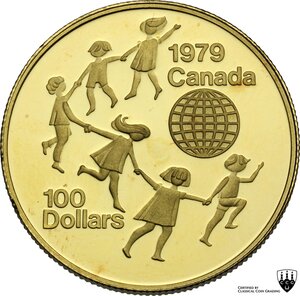 reverse: Canada.  Elizabeth II (1952 -). AV 100 Dollars 1979 Children around globe