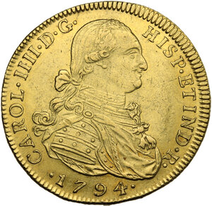 obverse: Mexico.  Charles IV of Spain (1788-1808). 8 escudos 1794 NR-JJ Santa Fe (Nuevo Reino) mint