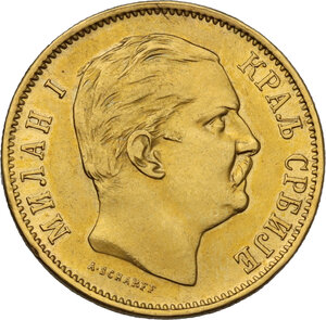 obverse: Serbia.  Milan Obrenovich IV (1868-1889). 10 dinars 1882 V, Wien mint