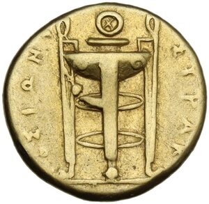 reverse: Syracuse.  Agathokles  (317-289 BC).. EL 25 Litrai – Hemistater. Reduced Corinthian standard. Struck circa 306/5 BC