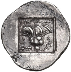 reverse: Islands off Caria, Rhodes. AR Drachm, c. 88-84 BC. ‘Plinthophoric’ coinage. Thrasymedes, magistrate