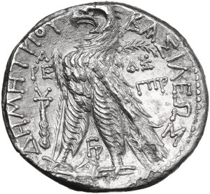 reverse: Seleucid Kings.  Demetrios II Nikator. Second reign, (130-125 BC).. AR Tetradrachm. Phoenician standard. Tyre mint. Dated SE 183 (130/29 BC)
