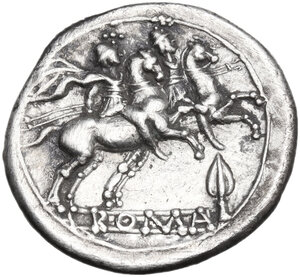 reverse: Spearhead, second series. AR Denarius, uncertain mint (Arpi?), 212 BC