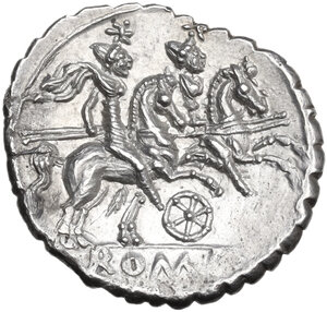 reverse: Six-spoked wheel series.. AR Denarius serratus, 209-208 BC (Sicily?)