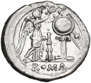 reverse: Club series. AR Victoriatus, uncertain Lucanian mint (Venusia?), 208 BC