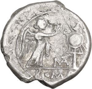 reverse: MAT series. AR Victoriatus, uncertain mint, 203 BC.
