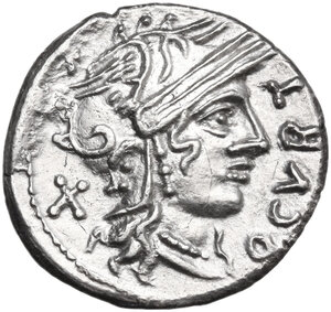 obverse: Q. Curtius and M. Silanus . AR Denarius, 116 or 115 BC