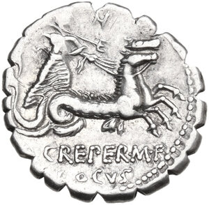 reverse: Q. Crepereius M.f. Rocus. . AR Denarius serratus, 72 BC