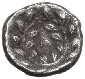 reverse: Southern Apulia, Tarentum. AR Hemiobol, c. 450-380 BC