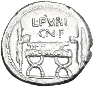 reverse: L. Furius Cn. f. Brocchus.. AR Denarius, 63 BC