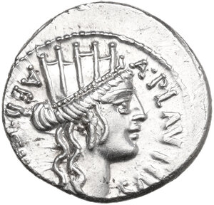 obverse: A. Plautius. AR Denarius, 55 BC