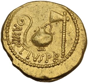 reverse: Julius Caesar.. AV Aureus, 46 BC. Rome mint, Aulus Hirtius, praetor