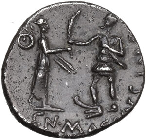 reverse: Cn. Pompeius Magnus with M. Poblicius. AR Denarius, Spain, 46-45 BC