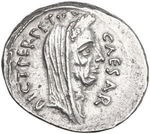 obverse: Julius Caesar.. AR Denarius, 44 BC, P. Sepullius Macer moneyer