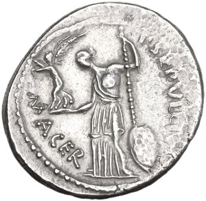 reverse: Julius Caesar.. AR Denarius, 44 BC, P. Sepullius Macer moneyer