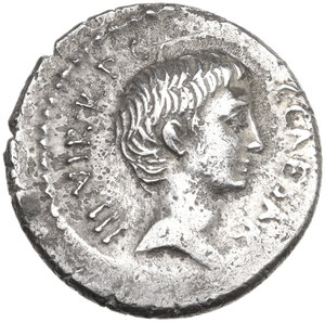 obverse: Octavian with L. Livineius Regulus. AR Denarius 42 BC, Rome