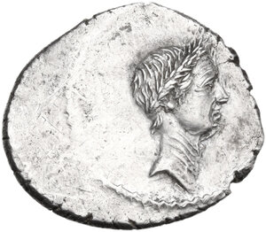 obverse: Julius Caesar.. AR Denarius, L. Mussidius Longus moneyer, 42 BC