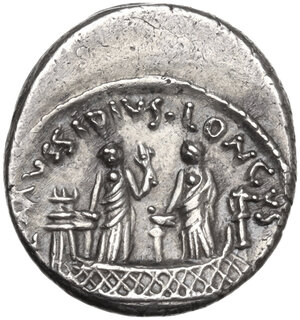 reverse: L. Mussidius Longus. AR Denarius, Rome mint, 42 BC
