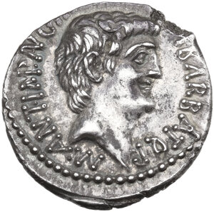 obverse: The Triumvirs. Mark Antony and Octavian.. AR Denarius. Spring-early summer 41 BC. Ephesus mint, M. Barbatius Pollio, quaestor pro praetore