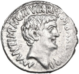 obverse: The Triumvirs. Mark Antony and Octavian.. AR Denarius. Spring-early summer 41 BC. Ephesus mint, M. Barbatius Pollio, quaestor pro praetore