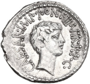 reverse: The Triumvirs. Mark Antony and Octavian.. AR Denarius. Spring-early summer 41 BC. Ephesus mint, M. Barbatius Pollio, quaestor pro praetore