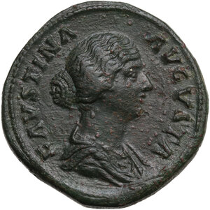 obverse: Faustina II, wife of Marcus Aurelius (died 176 AD).. AE Sestertius. Rome mint. Struck under Marcus Aurelius and Lucius Verus, AD 161-164