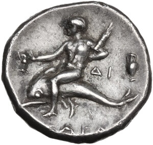 reverse: Southern Apulia, Tarentum. AR Nomos, c. 272-240 BC. Hippoda- and Di-, magistrates