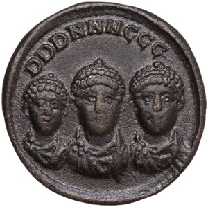 obverse: Theodosius I, with Arcadius and Honorius.. AE Exagium Solidi Weight. Constantinople mint, 402-408