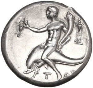 reverse: Southern Apulia, Tarentum. AR Nomos, c. 240-228 BC. Olympis magistrate