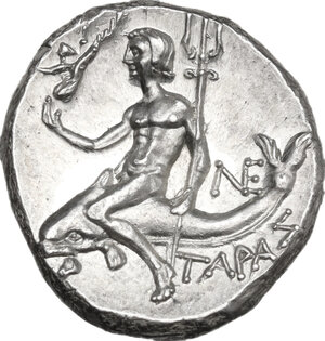 reverse: Southern Apulia, Tarentum. AR Nomos, c. 240-228 BC. Kallikrates magistrate