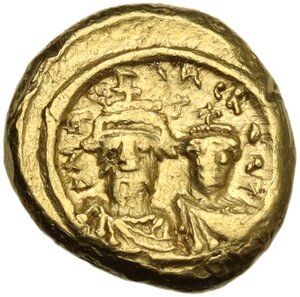 obverse: Heraclius, with Heraclius Constantine (610-641).. AV Solidus. Carthage mint. Dated IY 13 (624/5)