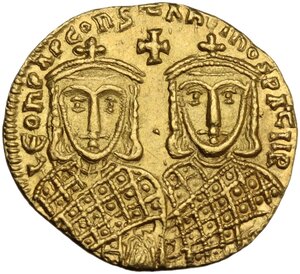 reverse: Constantine VI, with Leo III, Constantine V, and Leo IV (780-797).. AV Solidus, Constantinople mint, 780-787