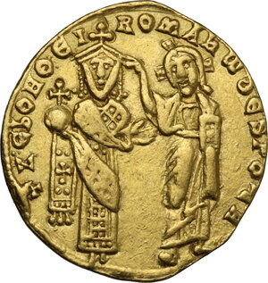 obverse: Constantine VII Porphyrogenitus, with Romanus I and Christopher (921-931 AD).. AV Solidus. Constantinople mint. Struck 921 AD
