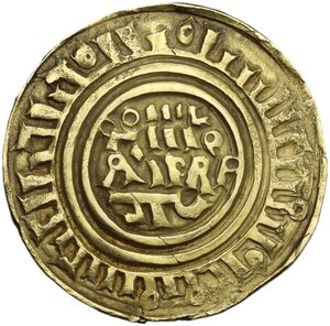 reverse: Tripoli.  Dinars minted at Tripoli in imitation of those of Caliph Al-Munstansir. Third phase: after 1187 until 1260.. AV Dinar
