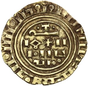 obverse: Tripoli.  Dinars minted at Tripoli in imitation of those of Caliph Al-Munstansir. Third phase: after 1187 until 1260.. AV Dinar