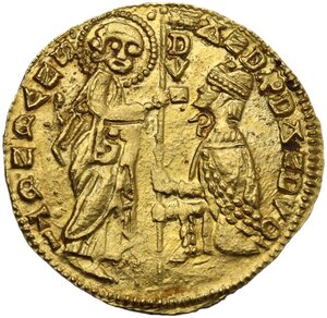 obverse: Frankish Greece, Glarentza .  Robert of Anjou (1346-1364). AV Pseudo-Venetian Ducat in the name of Andrea Dandolo