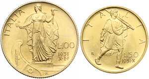 reverse: Vittorio Emanuele III (1900-1943). Coppiola 100 lire e 50 lire 1931 A. X