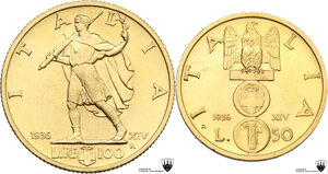 reverse: Vittorio Emanuele III (1900-1943). Coppiola 100 e 50 lire 1936 A. XIV