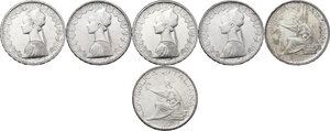 obverse: Lotto di sei (6) monete da 500 lire: 1960 caravelle, 1960 caravelle (FS), 500 lire caravelle 1961, 500 lire 1961 caravelle (FS), 500 lire 1961 centenario unità d Italia