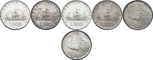 reverse: Lotto di sei (6) monete da 500 lire: 1960 caravelle, 1960 caravelle (FS), 500 lire caravelle 1961, 500 lire 1961 caravelle (FS), 500 lire 1961 centenario unità d Italia