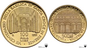 reverse: 100000 e 50000 lire 1995 VII centenario della Basilica di Santa Croce in Firenze e VIII centenario della nascita di Sant Antonio da Padova