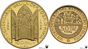 reverse: 100000 e 50000 lire 1996 600° anniversario della fondazione della Certosa di Pavia e 800° anniversario dell edificazione del Battistero di Parma