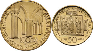 reverse: 100000 e 50000 lire 1997 800° anniversario San Nicola di Bari e 16000° anniversario della morte di Sant Ambrogio