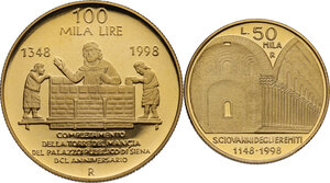 reverse: 100000 e 50000 lire 1998 650° anniversario della torre del Mangia e 850° anniversario della Chiesa di San Giovanni degli Eremiti