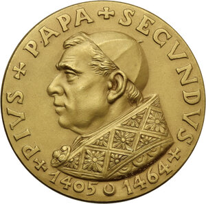 obverse: Pio II (1458-1464), Enea Silvio Piccolomini. Medaglia emessa nel 1964 dallo Stabilimento Picchiani e Barlacchi di Firenze per celebrare il 5° centenario della morte